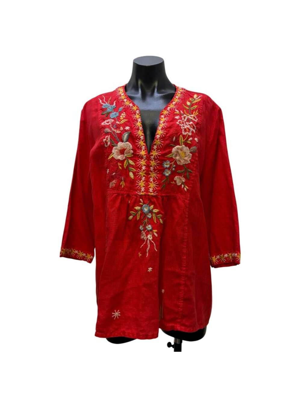 Johnny Was Red Embroidered Cotton Blouse Floral Red Multi L